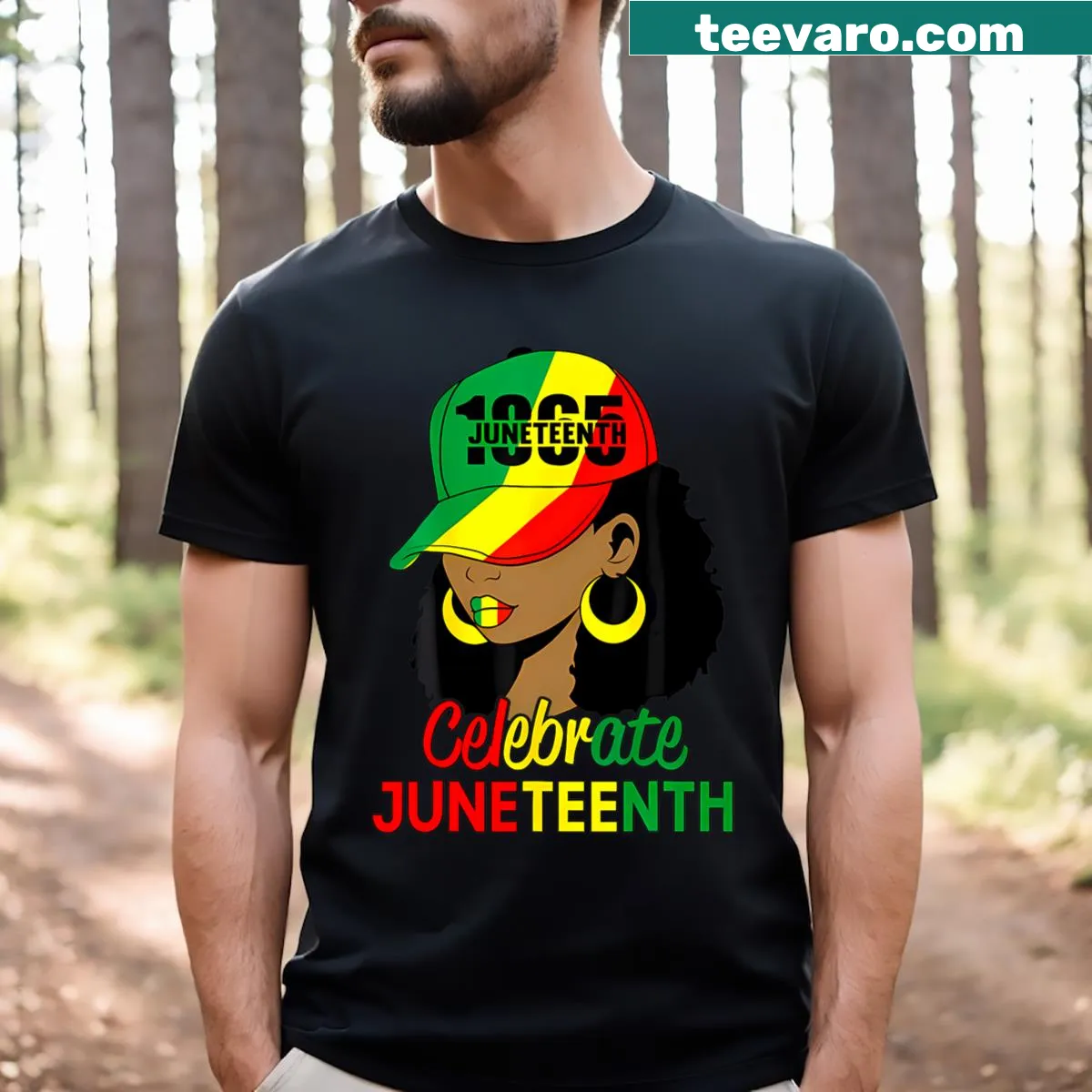 Juneteenth t-shirt with a graphic of a messy bun and celebratory text — on a men's t-shirt