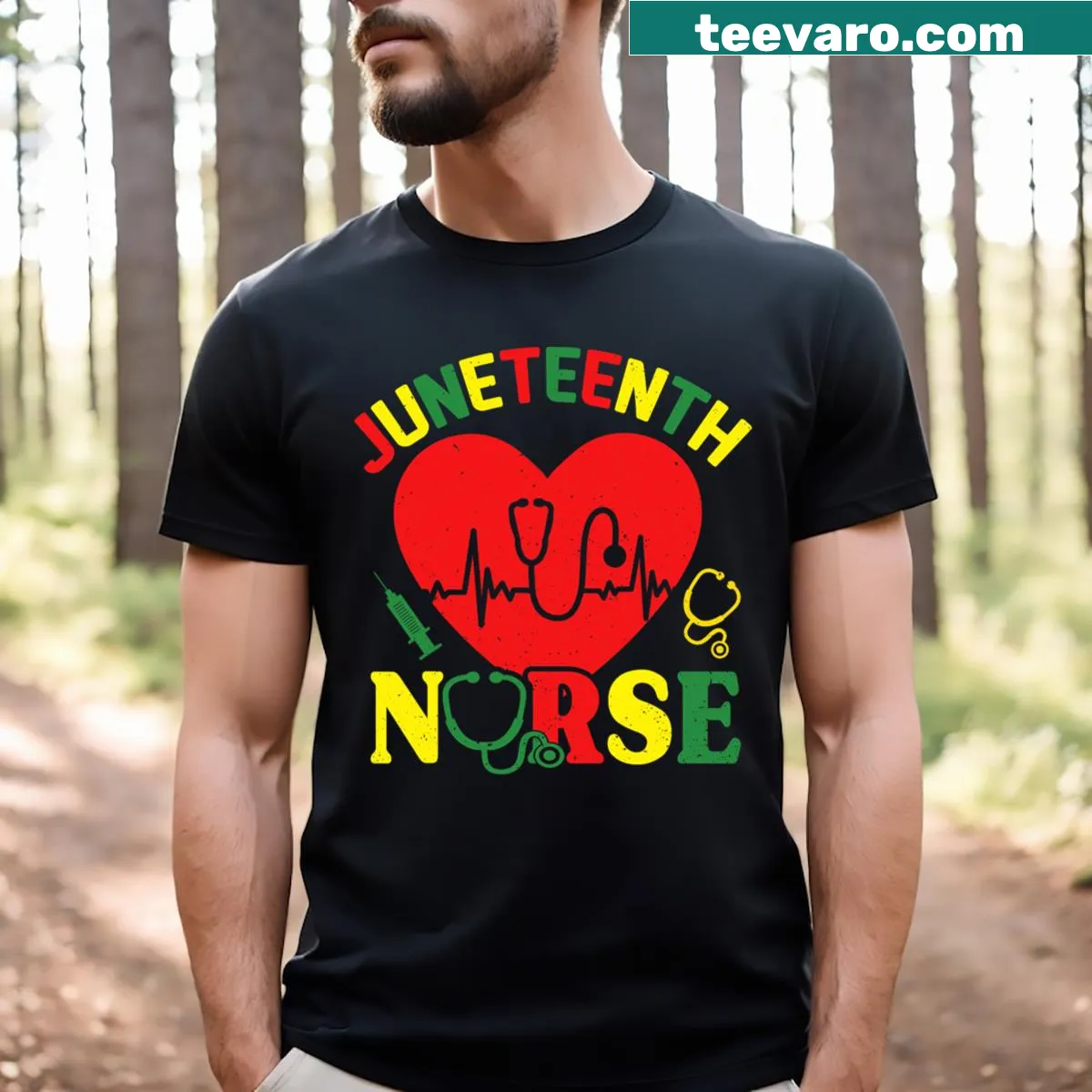 Juneteenth nurse t-shirt with retro design and African patterns — on a men's t-shirt