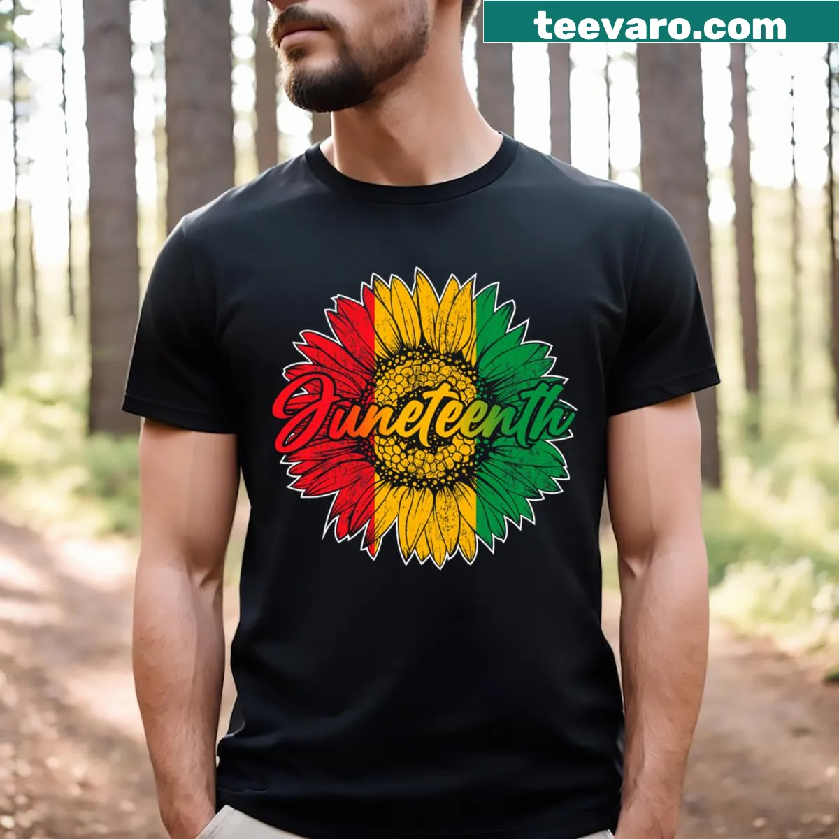 Juneteenth t-shirt featuring a sunflower graphic and celebratory text — on a men's t-shirt