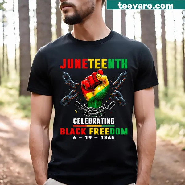 Men's t-shirt featuring bold text celebrating Black freedom since 1865
