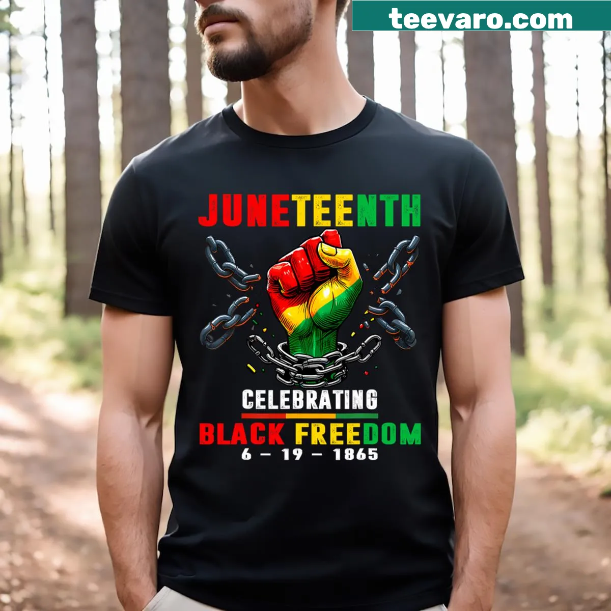 Men's t-shirt featuring bold text celebrating Black freedom since 1865 — on a men's t-shirt