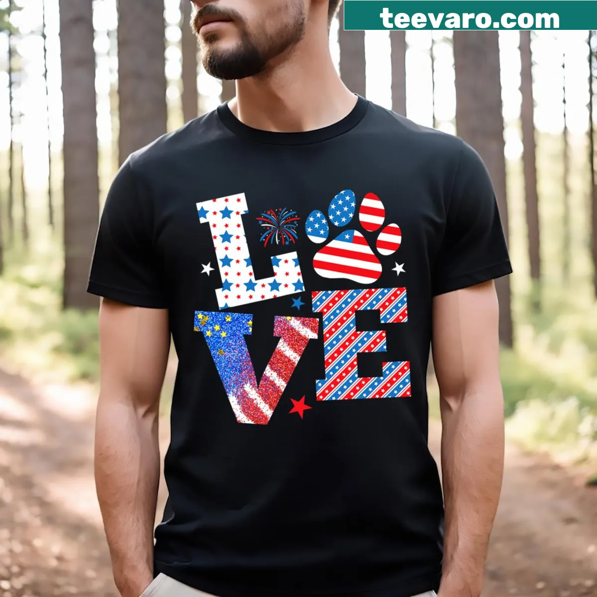 Dog paw print shaped like an American flag for 4th of July. — on a men's t-shirt
