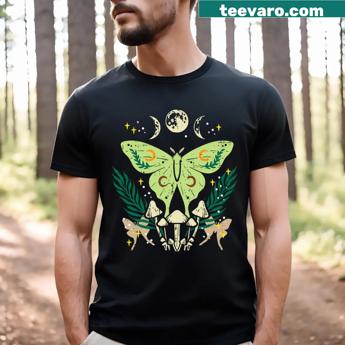 Luna moth, mushrooms, and moon design in a cottagecore style. — on a men's t-shirt