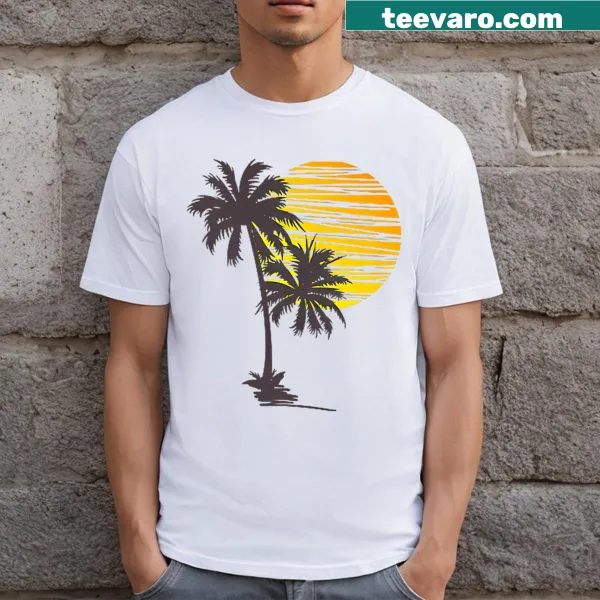 Illustration of sunset beach with palm trees on a t-shirt