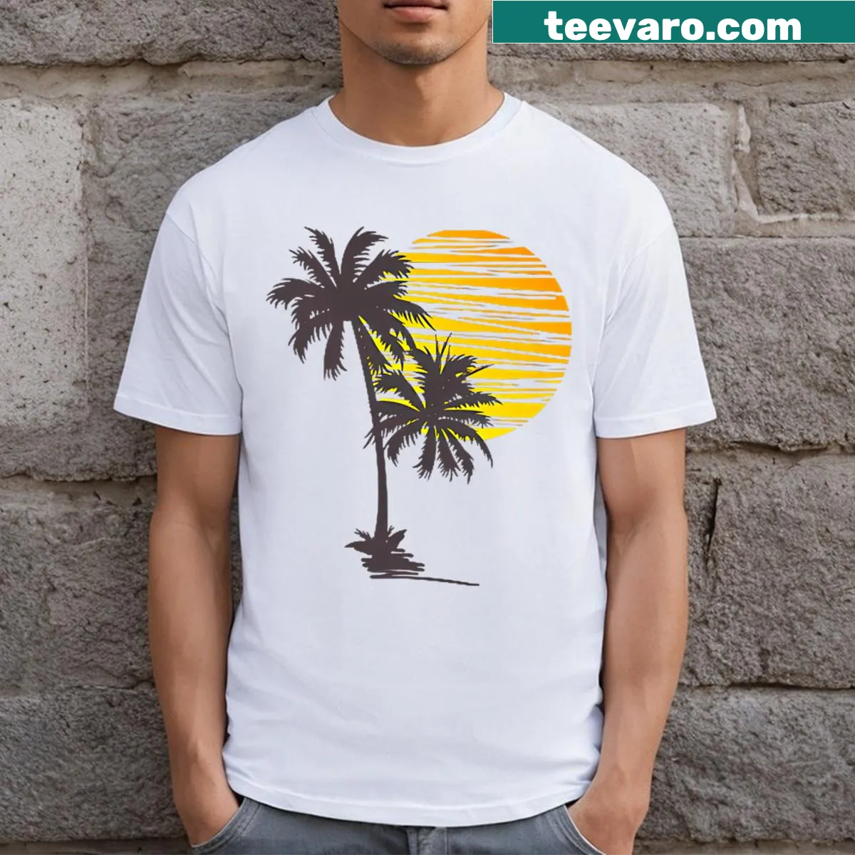 Illustration of sunset beach with palm trees on a t-shirt — on a men's t-shirt