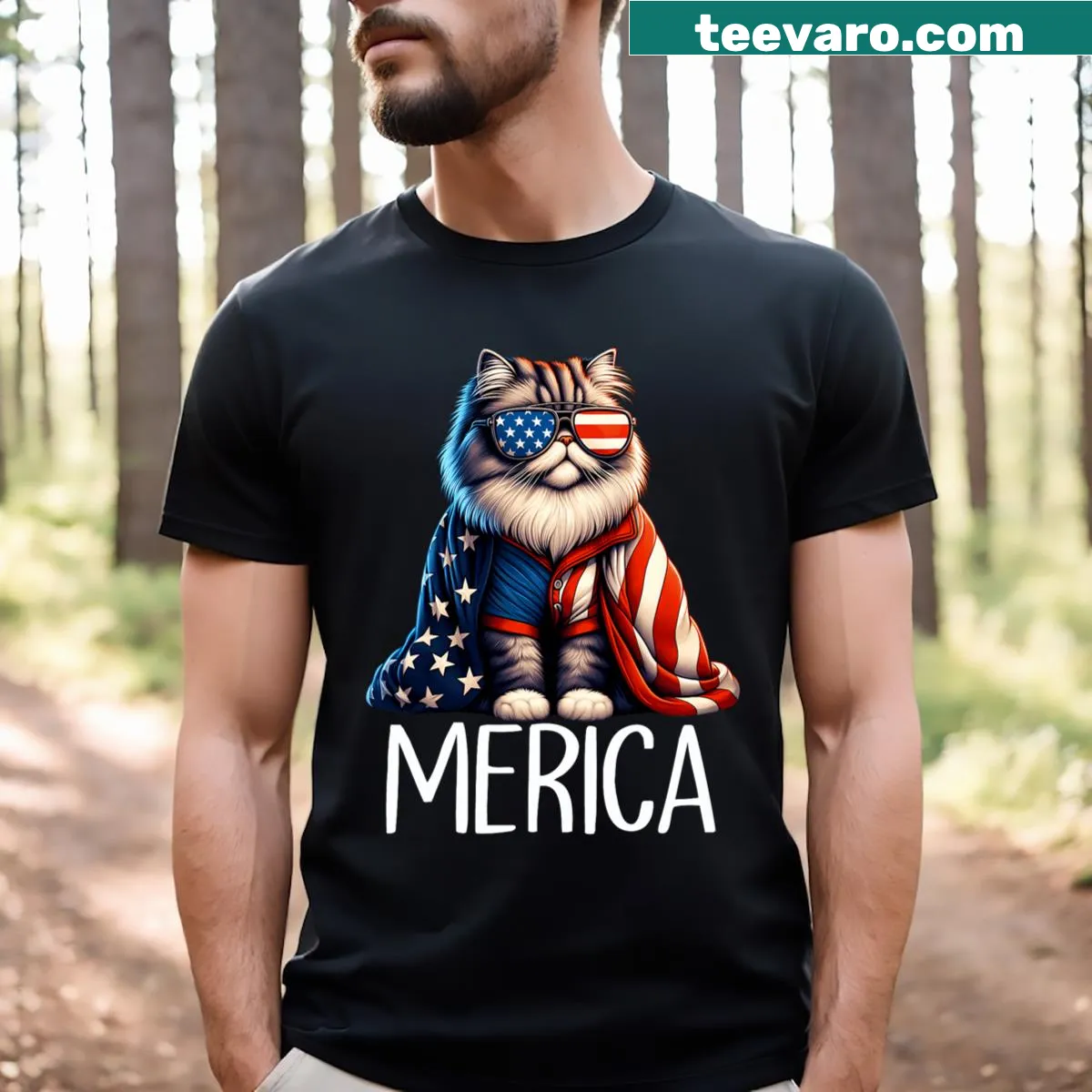 Funny patriotic t-shirt with a cartoon cat for July 4th — on a men's t-shirt