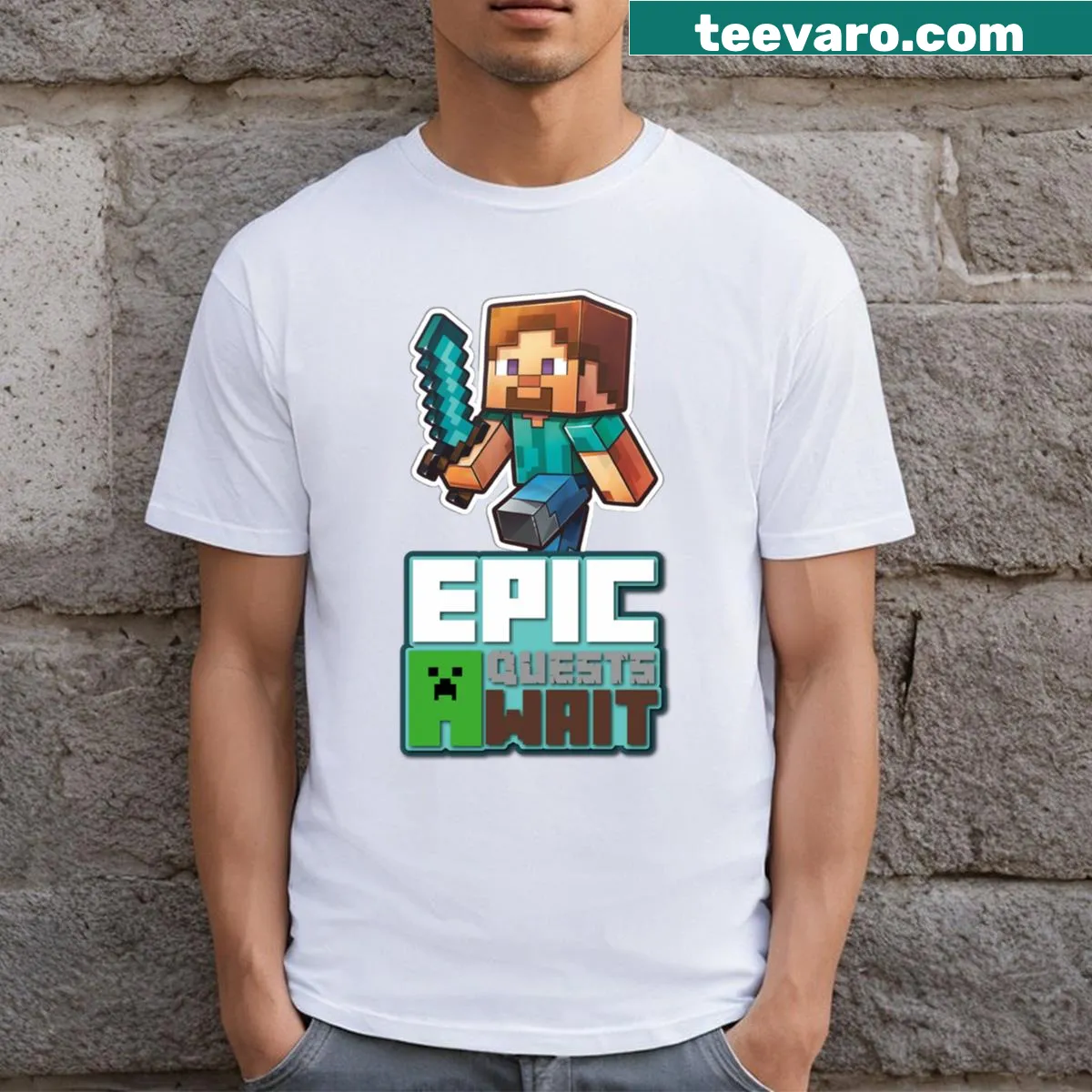 Minecraft-themed T-shirt with playful characters on an epic quest graphic — on a men's t-shirt