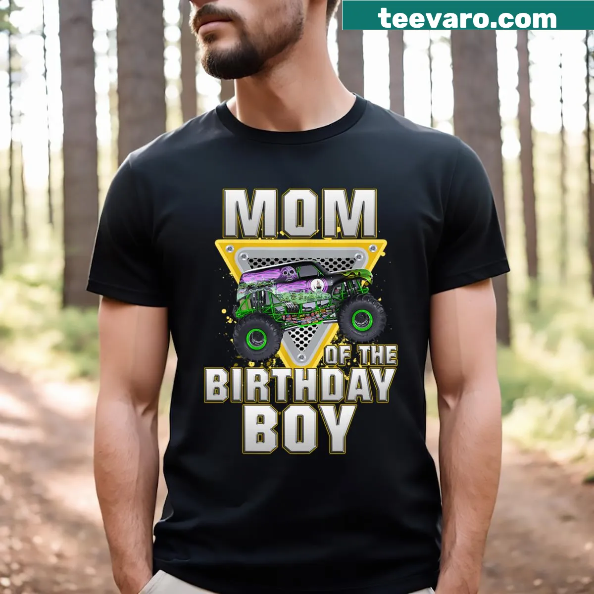 Novelty T-shirt with monster truck graphic for moms of birthday boys — on a men's t-shirt