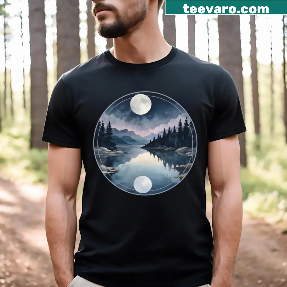Serene T-shirt depicting mountains and a river in nature illustration — on a men's t-shirt