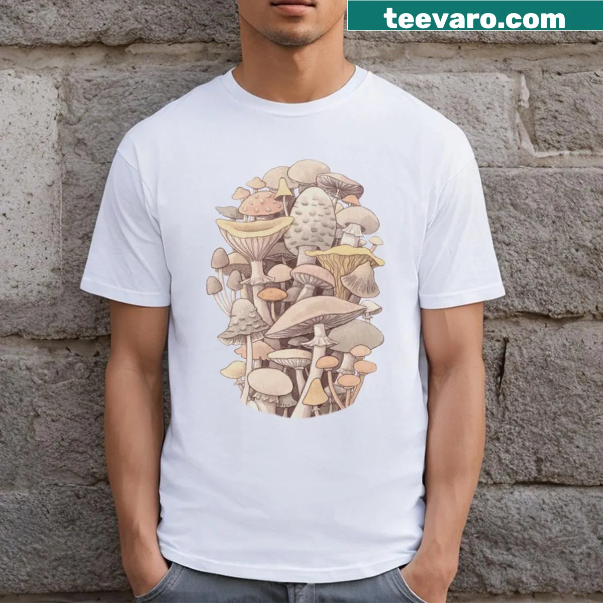 Illustration of a whimsical cluster of mushrooms on a t-shirt — on a men's t-shirt