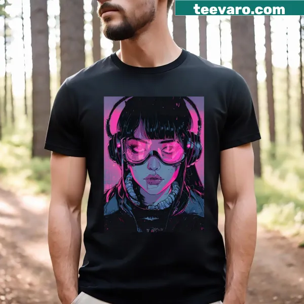 Cyberpunk-themed t-shirt featuring a neon portrait