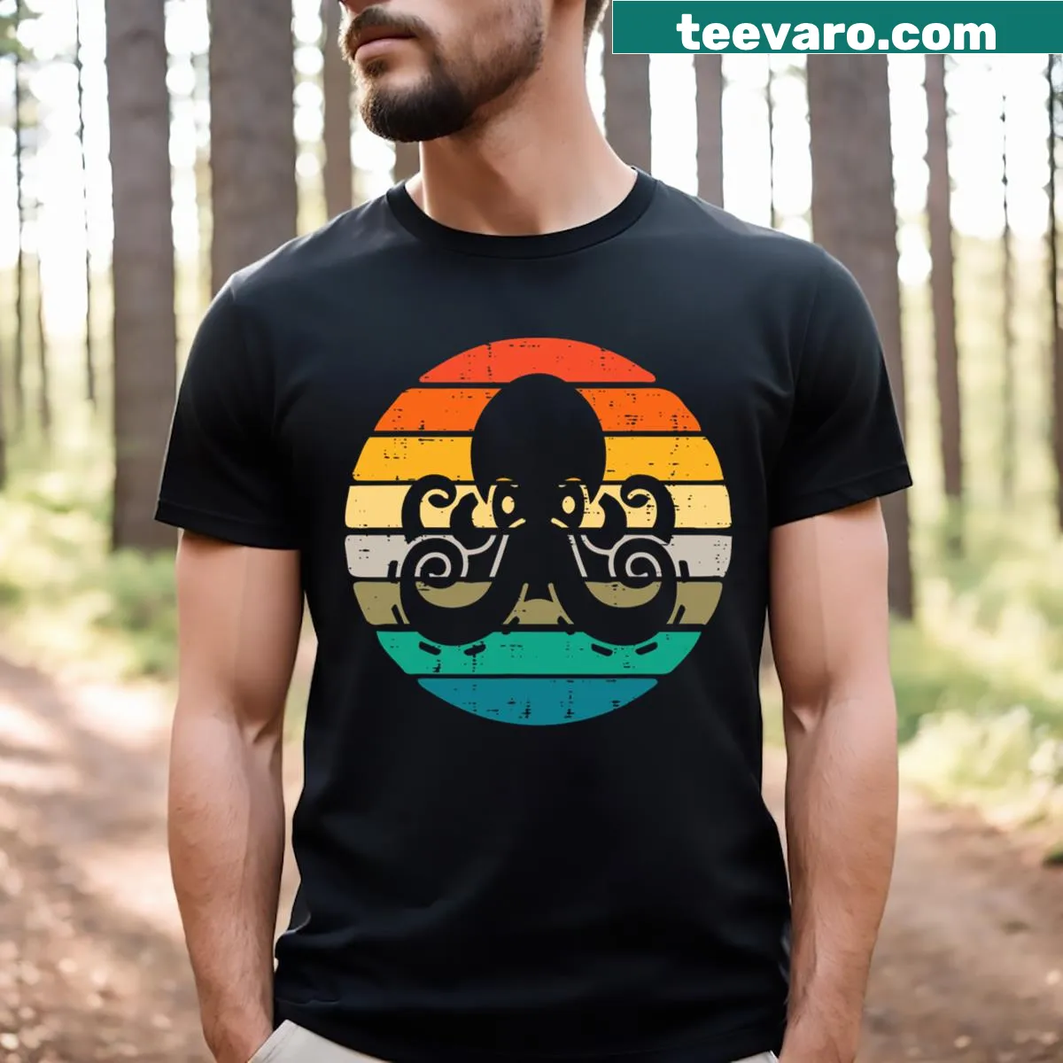 Minimalist octopus silhouette in sunset print on a t-shirt — on a men's t-shirt