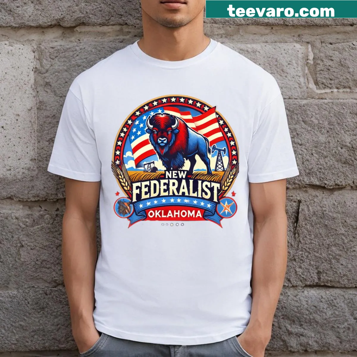 Oklahoma New Federalist t-shirt with state-themed design — on a men's t-shirt