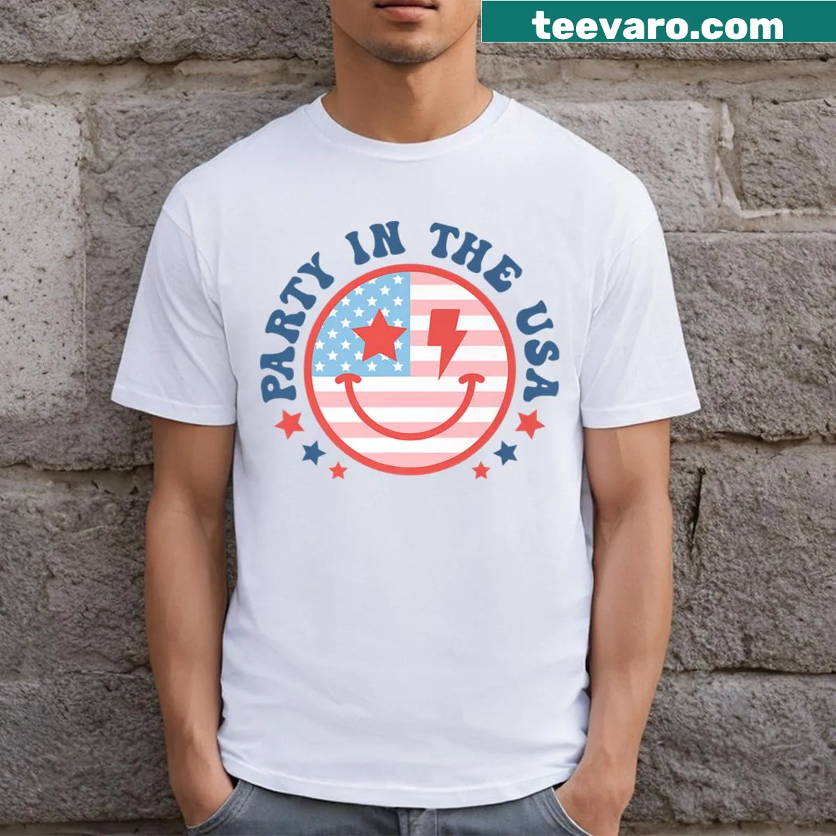 Patriotic t-shirt with the phrase Party In The USA for the 4th of July — on a men's t-shirt