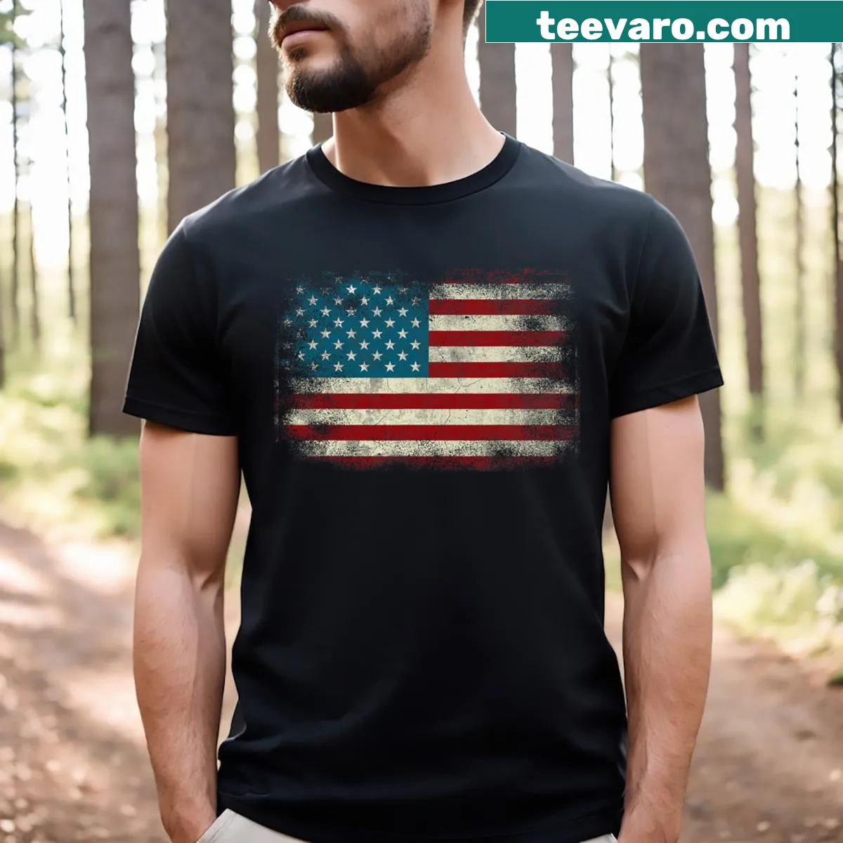 Illustrated American flag design on a patriotic t-shirt — on a men's t-shirt