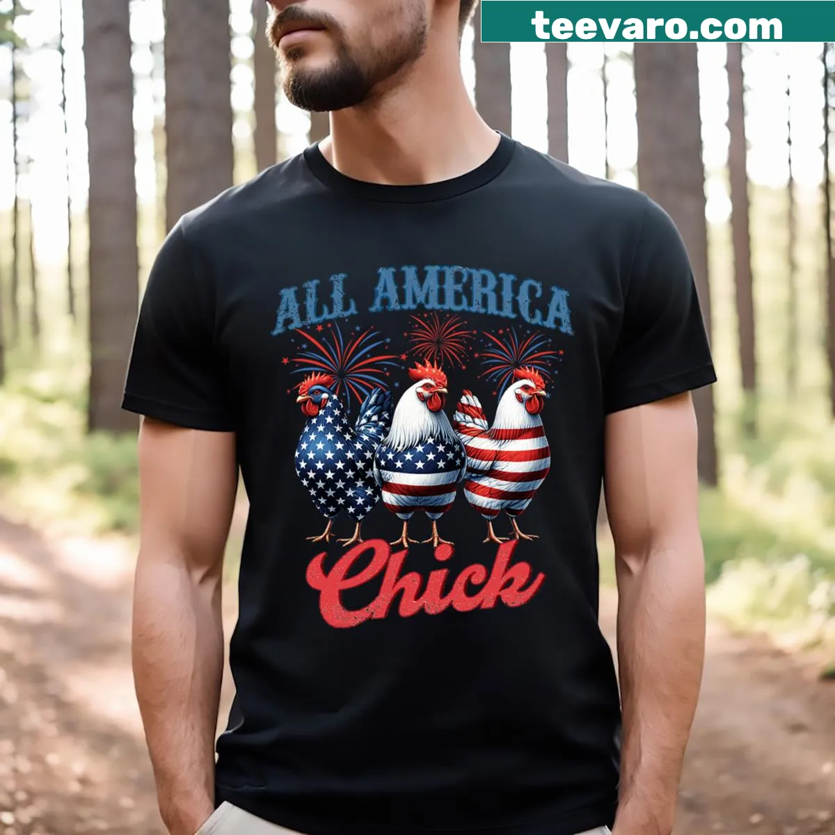 Cartoon chicken with American flag T-shirt for farmers — on a men's t-shirt