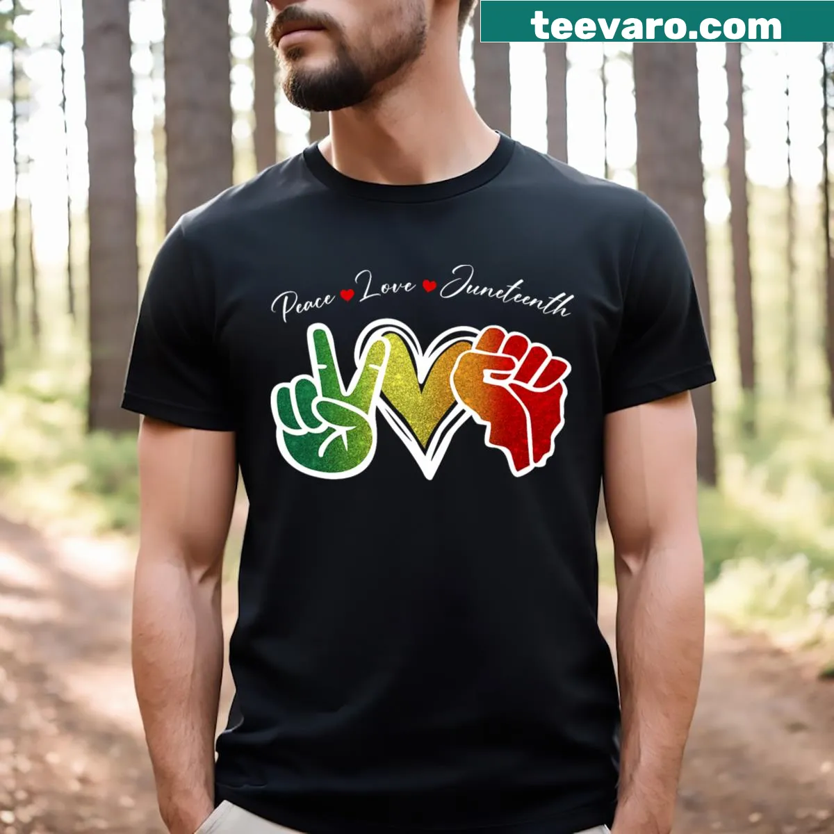 Inspirational Juneteenth t-shirt with Peace, Love, and Freedom text — on a men's t-shirt