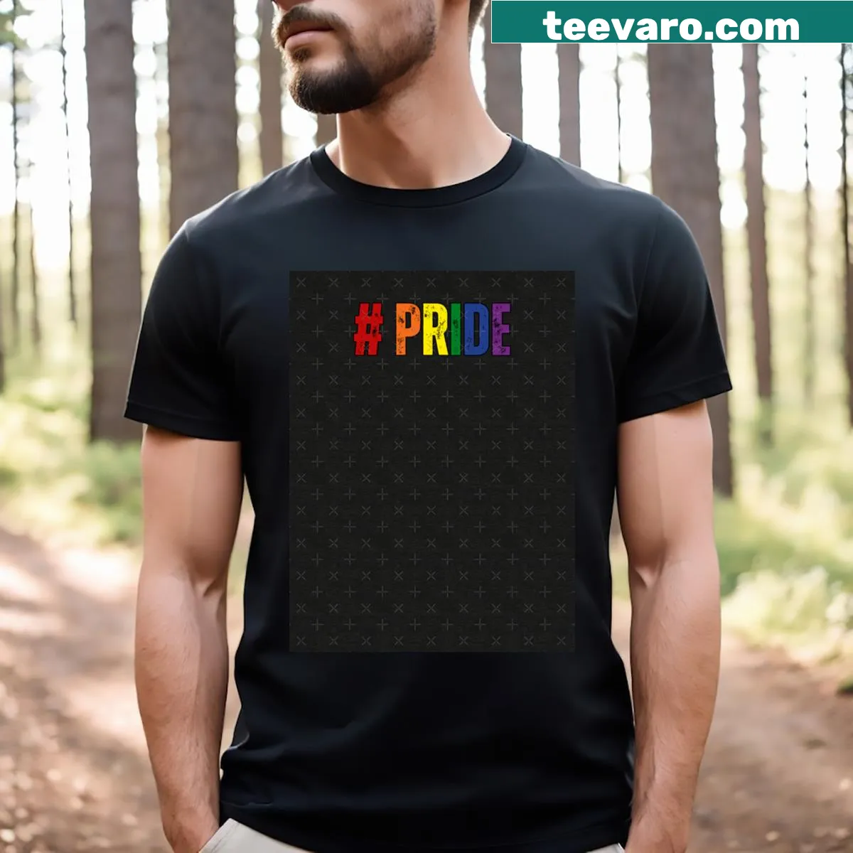 Rainbow text t-shirt featuring the word 'Pride' — on a men's t-shirt