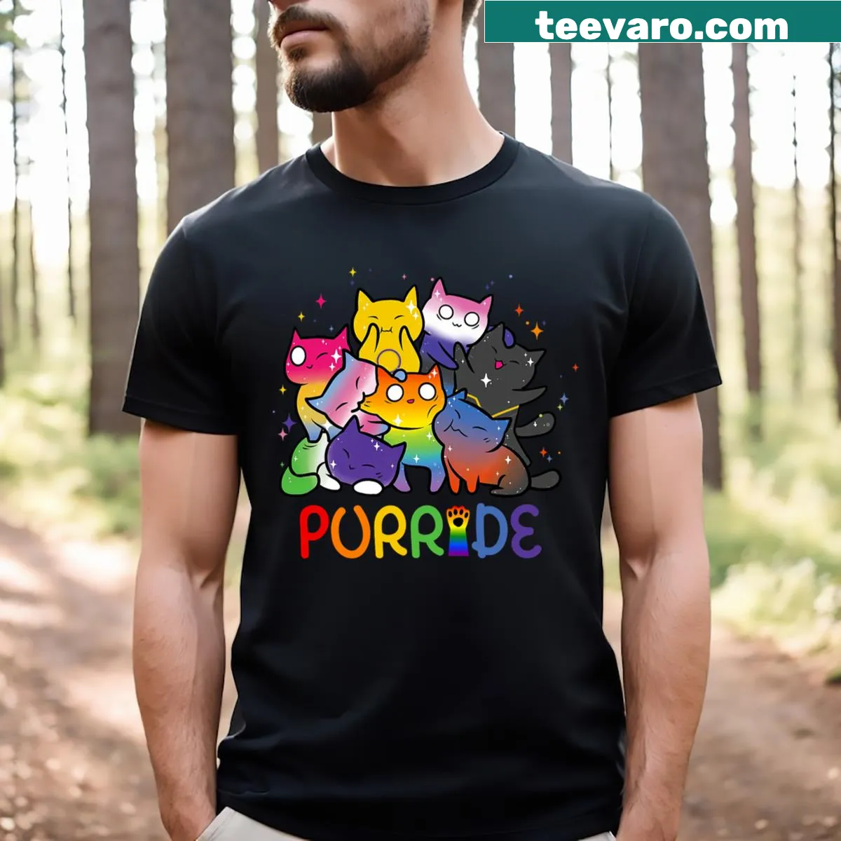 Colorful kids t-shirt featuring a cute cat and rainbow elements — on a men's t-shirt