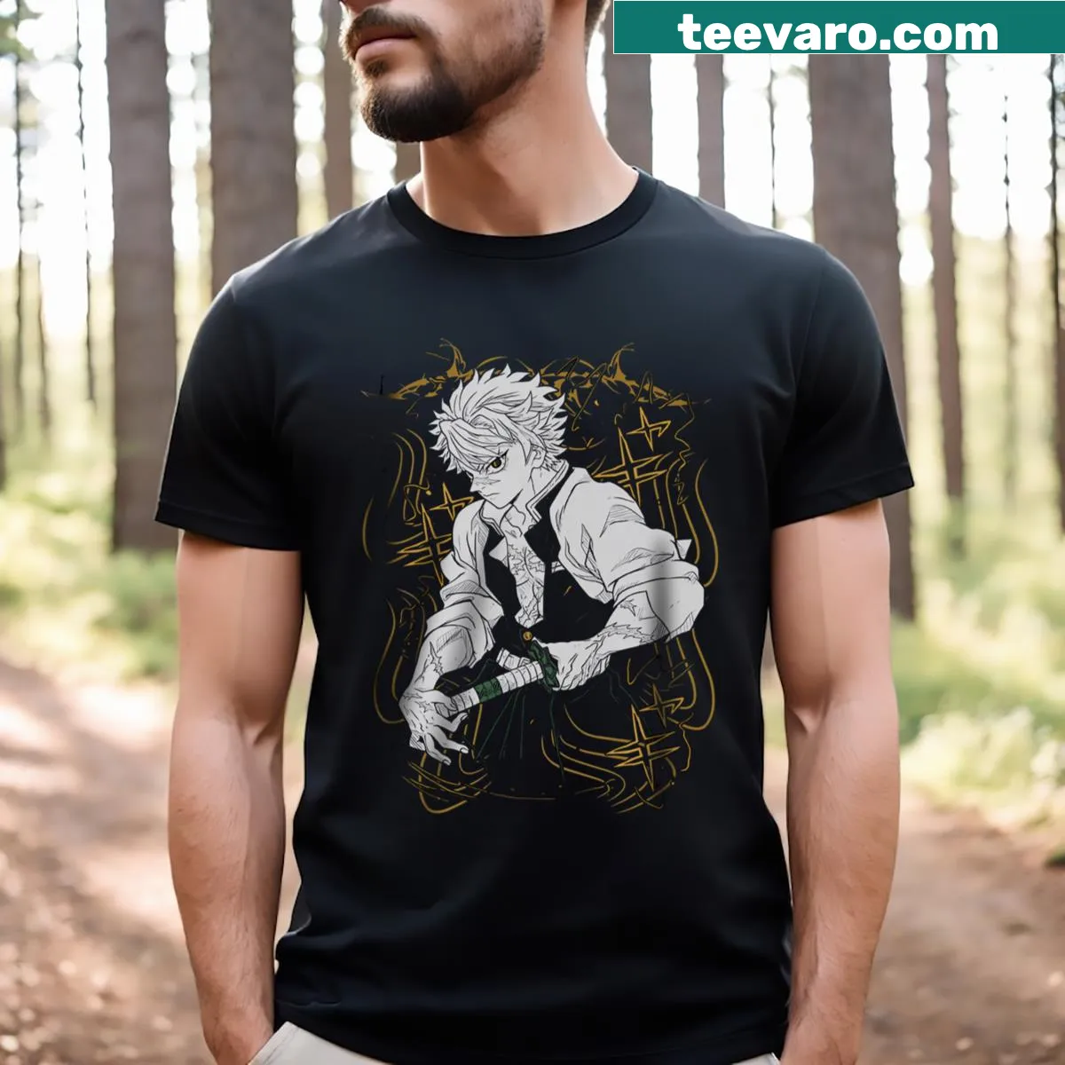 T-shirt featuring Sanemi Shinazugawa from Kimetsu No Yaiba anime — on a men's t-shirt
