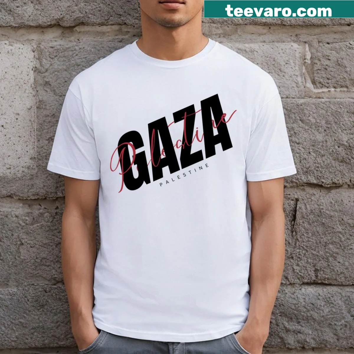 Bold Save Palestine Save Gaza graphic on a T-shirt — on a men's t-shirt