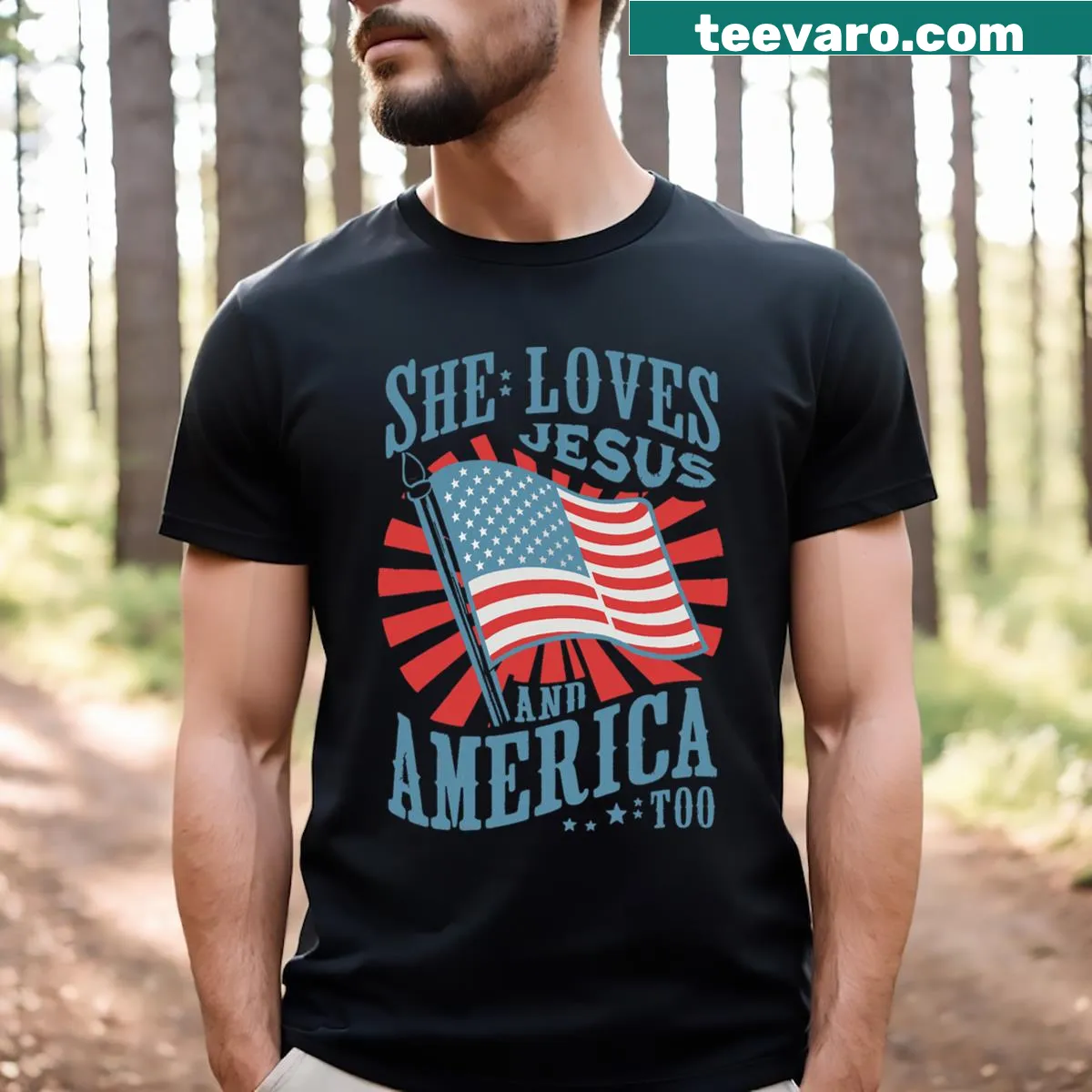 Typographic design of She Loves Jesus And America Too on T-shirt — on a men's t-shirt