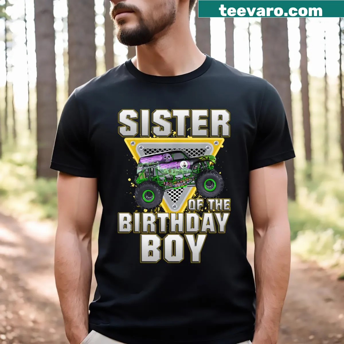Sister of the Birthday Boy T-shirt with monster truck theme — on a men's t-shirt