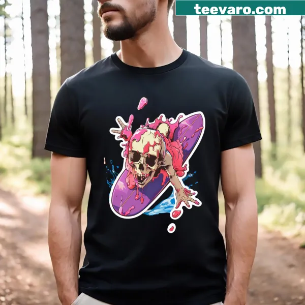 Surfer-themed t-shirt featuring a skull and waves design.