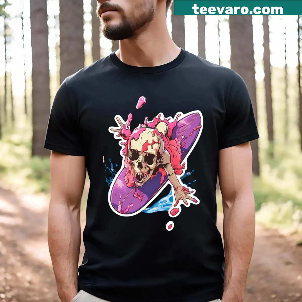 Surfer-themed t-shirt featuring a skull and waves design. — on a men's t-shirt