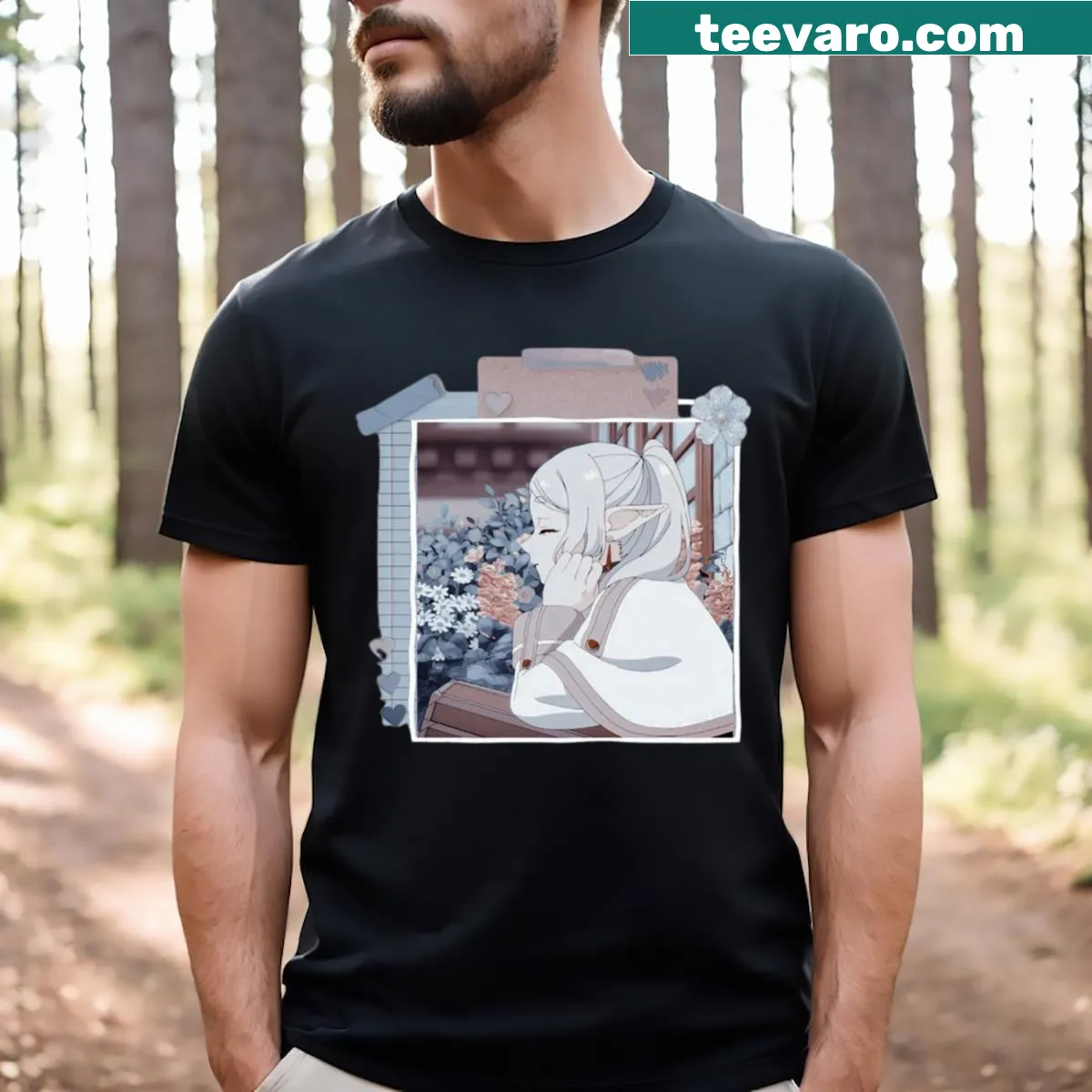 Illustrated T-shirt featuring characters from 'Sousou No Friren' anime. — on a men's t-shirt
