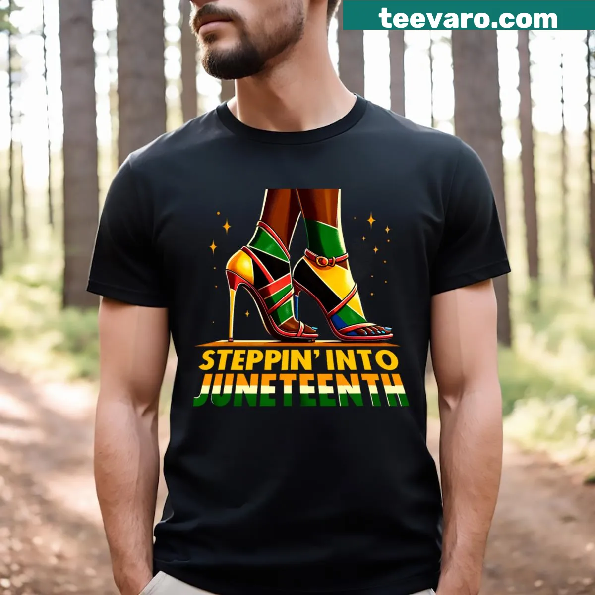 T-shirt with a high heels graphic and empowering text for Black women. — on a men's t-shirt