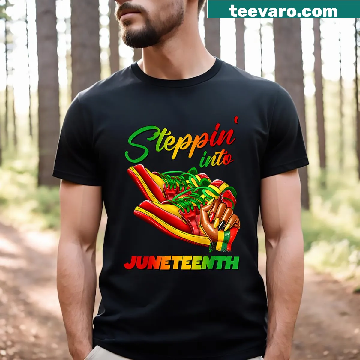 T-shirt featuring an Afro woman design and sneakers for Juneteenth celebration. — on a men's t-shirt