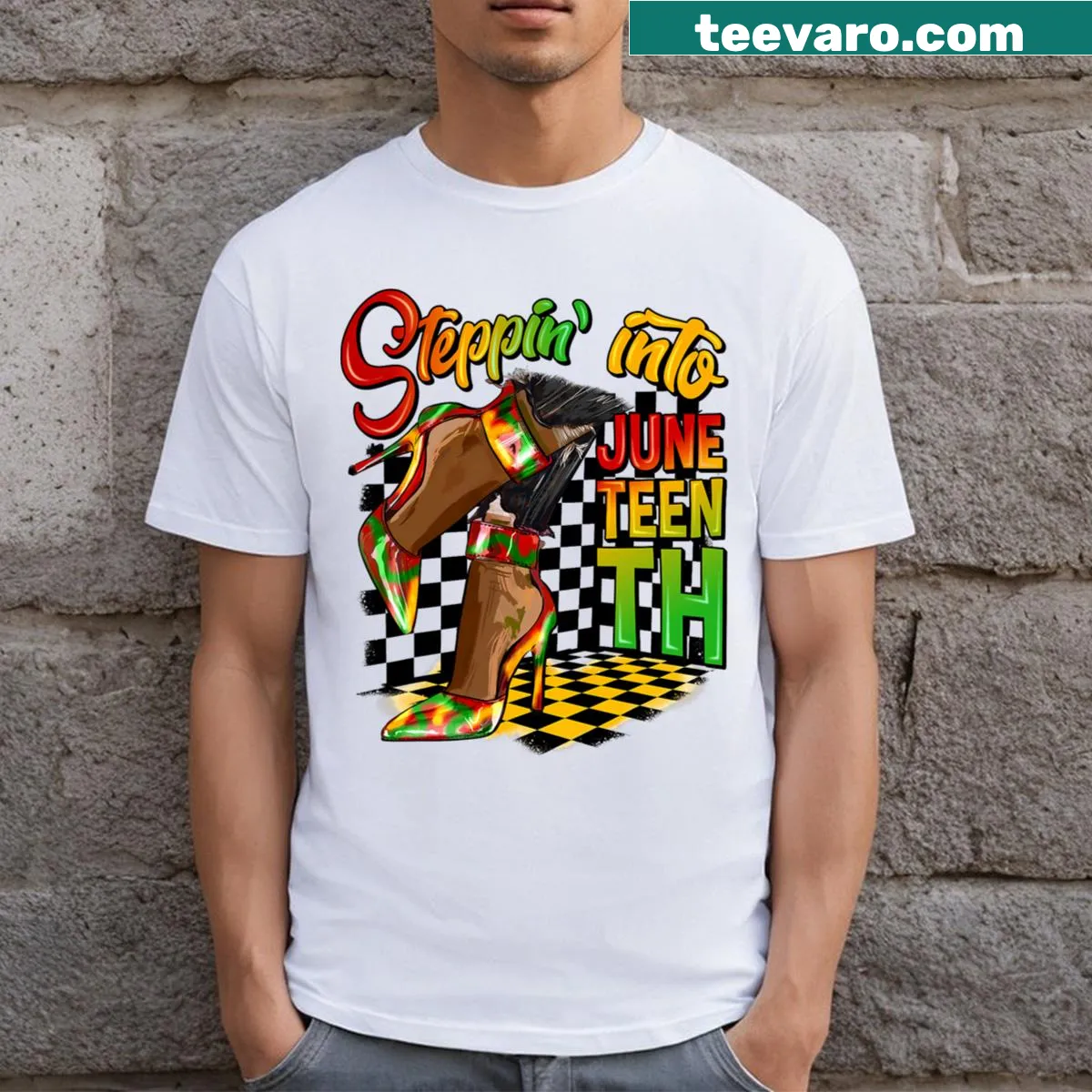 T-shirt featuring high heels symbolizing pride for Juneteenth. — on a men's t-shirt