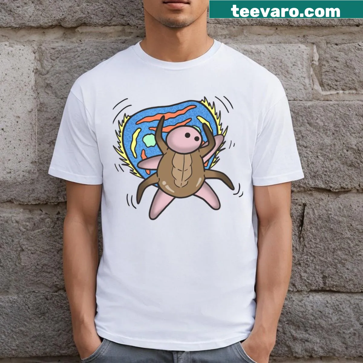 T-shirt featuring a detailed graphic of a peacock spider — on a men's t-shirt
