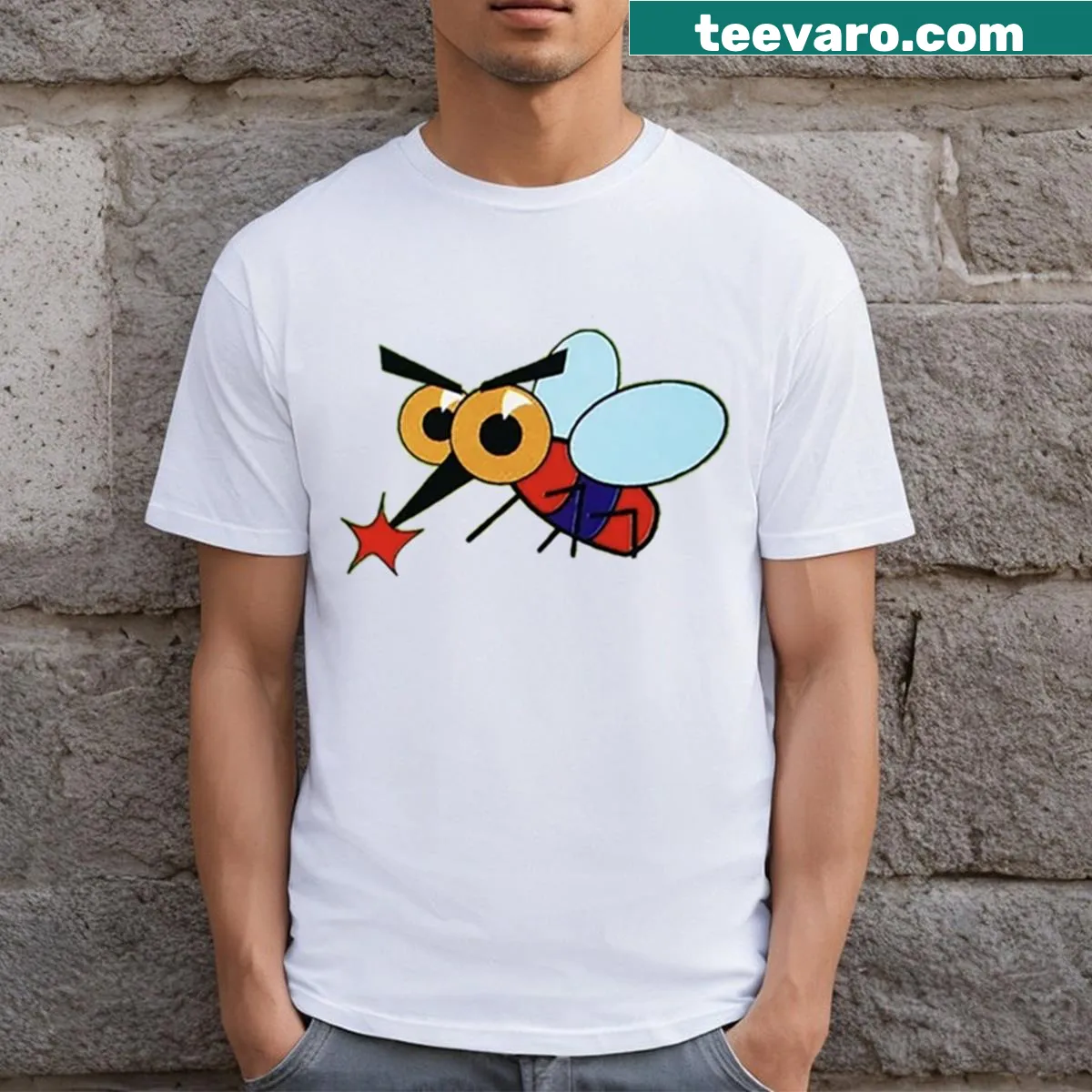 Cartoon T-shirt showcasing a friendly hornet in a playful design. — on a men's t-shirt