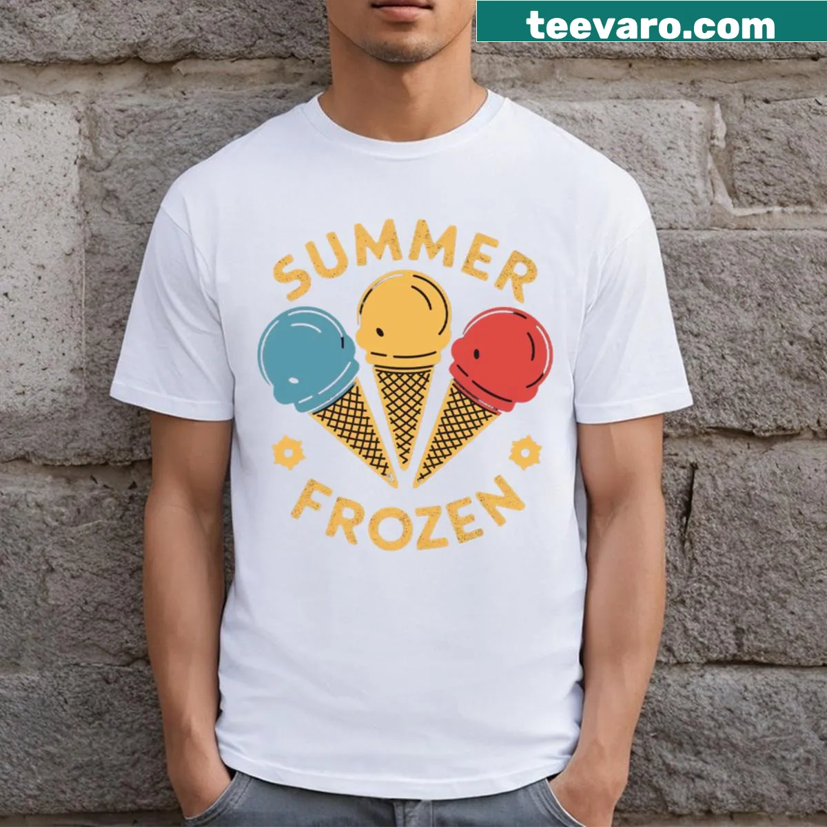 Minimalist T-shirt featuring abstract typography celebrating summer themes. — on a men's t-shirt