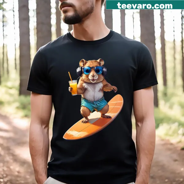 Cartoon T-shirt featuring a cool hamster surfing on a wave.
