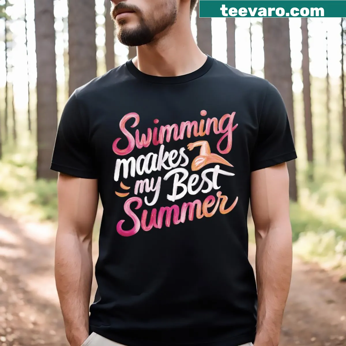 Illustrated T-shirt celebrating swimming and summer enjoyment. — on a men's t-shirt