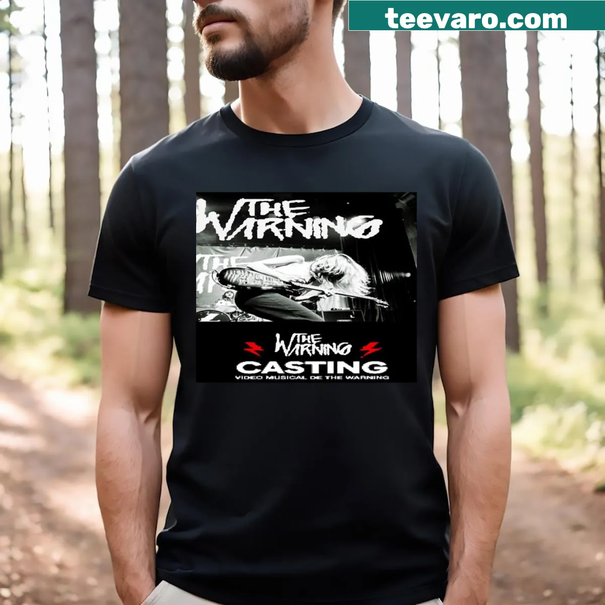 The Warning Band t-shirt with bold typography design — on a men's t-shirt