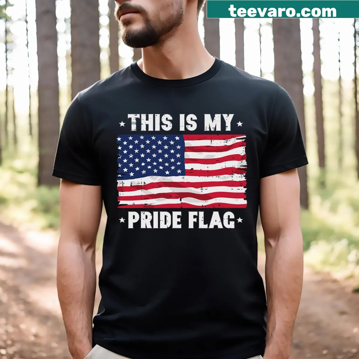 T-shirt with the phrase 'This Is My Pride Flag America' in bold typography — on a men's t-shirt