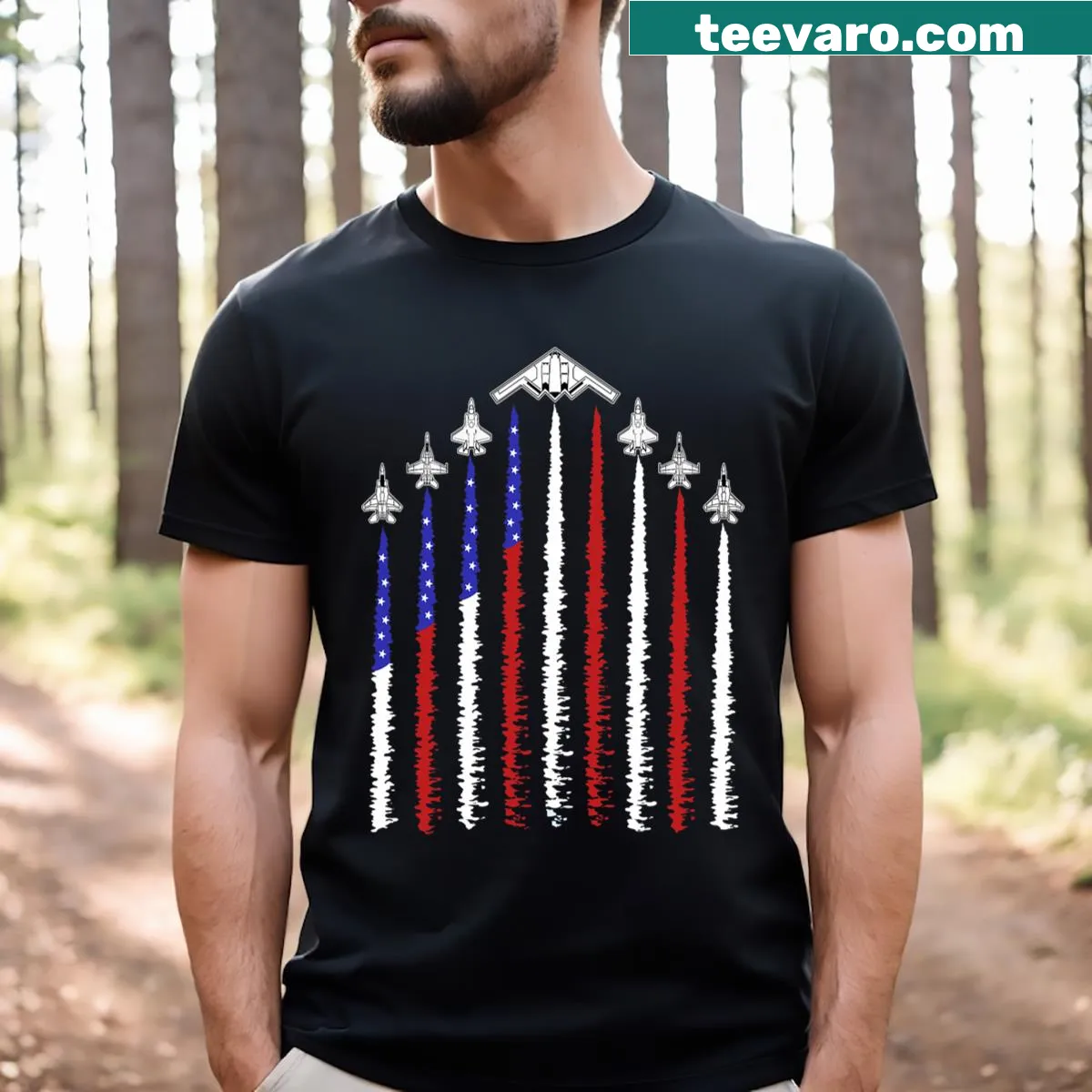 Funny patriotic T-shirt with fighter jets for Fourth of July — on a men's t-shirt