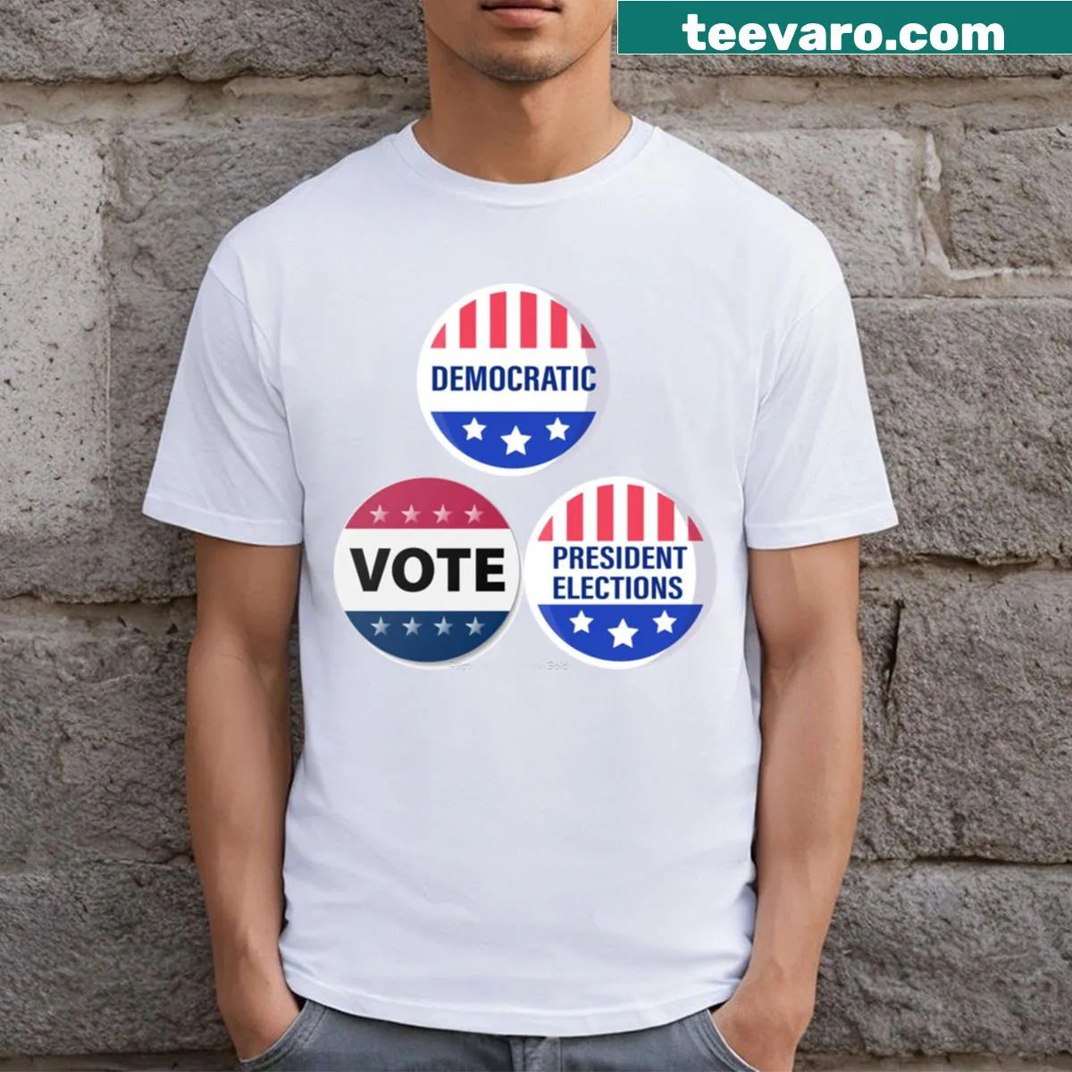 Vote For Democratic T-shirt with bold text design — on a men's t-shirt