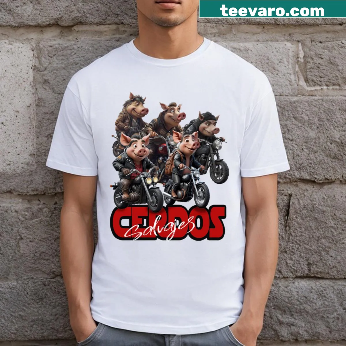 Charming T-shirt with whimsical illustrations of wild pigs. — on a men's t-shirt
