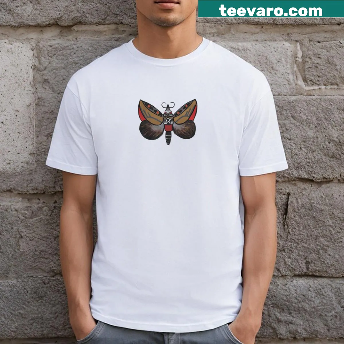 Minimalist silhouette T-shirt featuring a winged insect — on a men's t-shirt