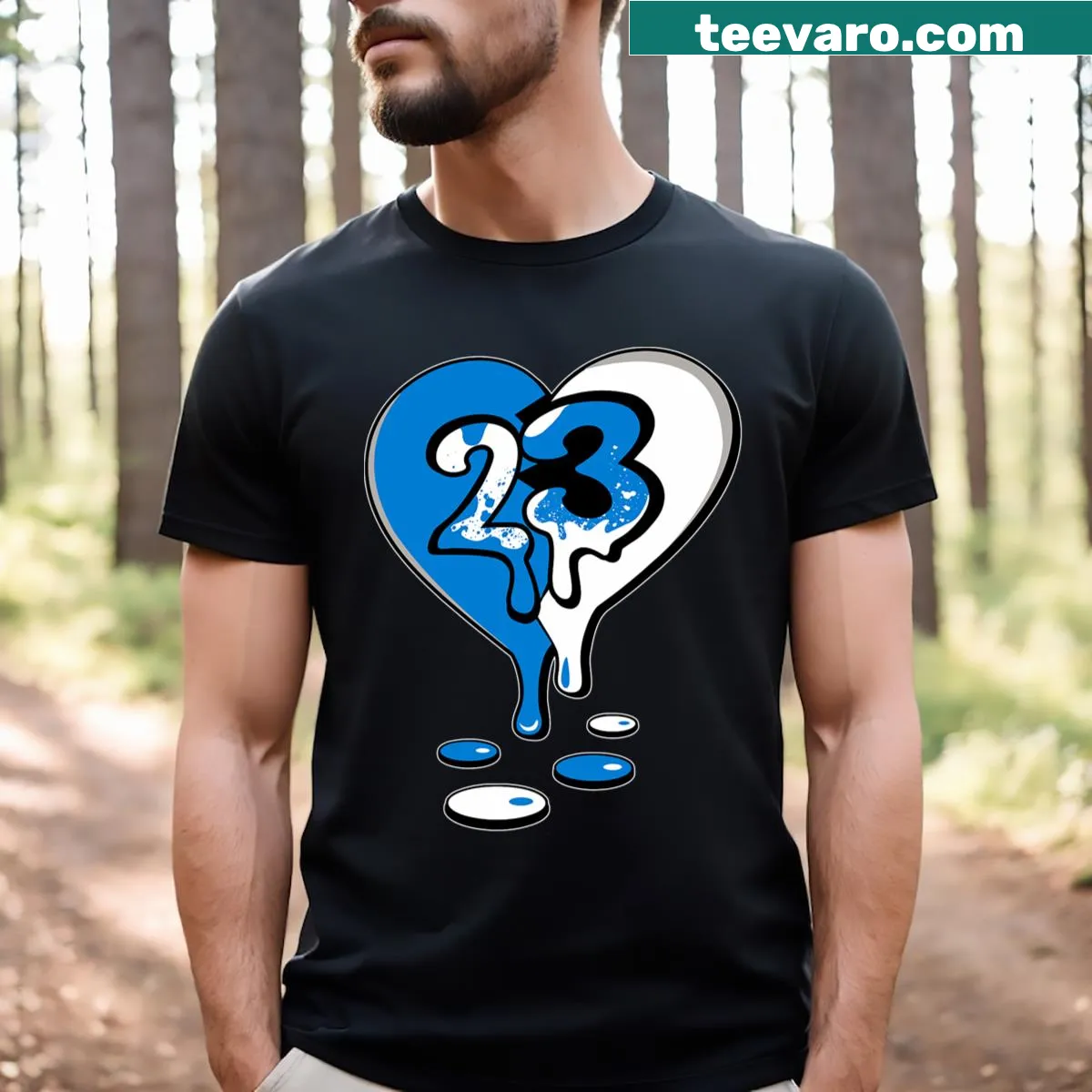 Sneaker-themed t-shirt with heart graphic celebrating Military Blue 4s — on a men's t-shirt