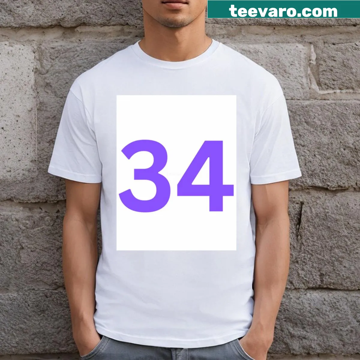 Minimalist t-shirt featuring the number 34 in a playful font — on a men's t-shirt