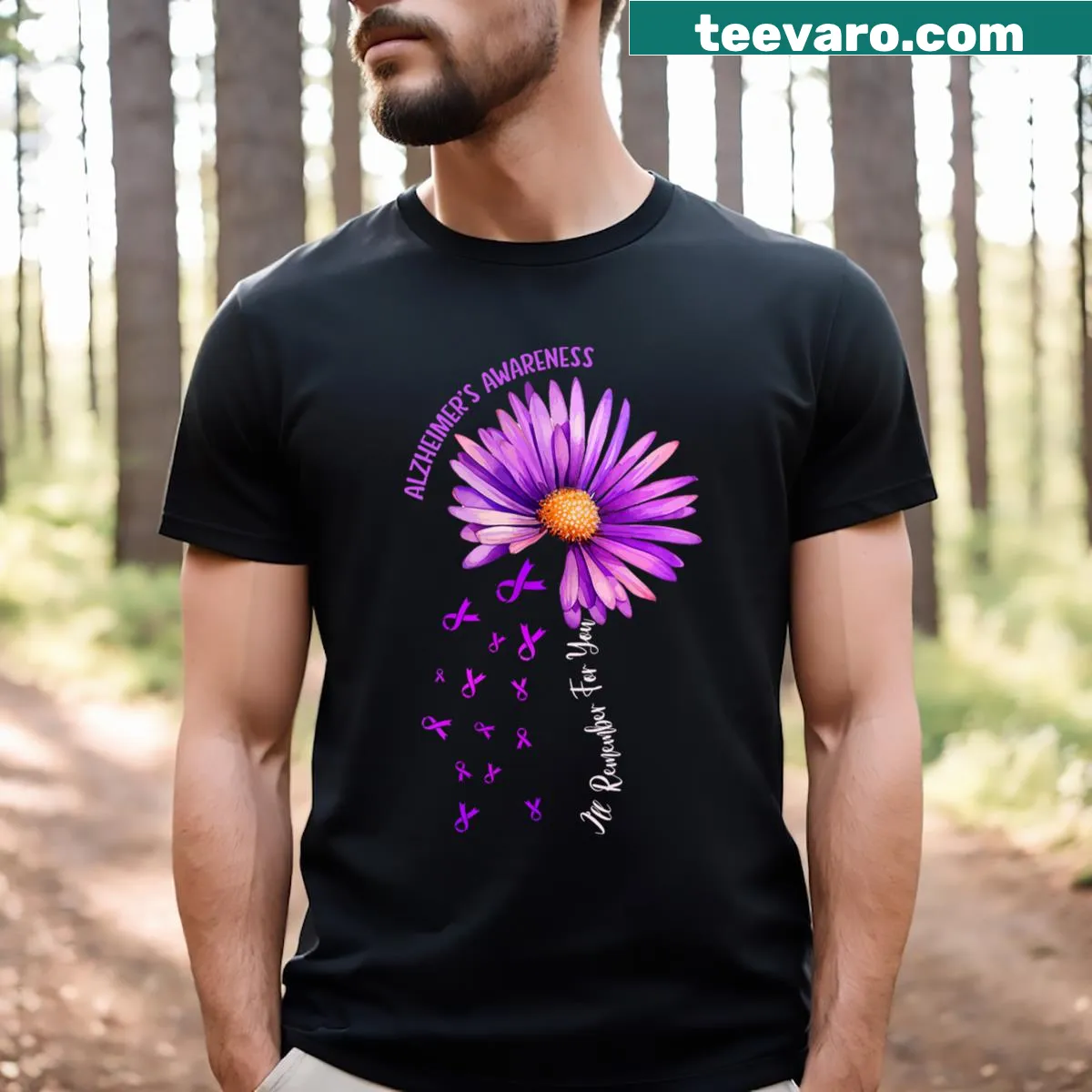 Sunflower and purple ribbon design for Alzheimer's awareness t-shirt — on a men's t-shirt