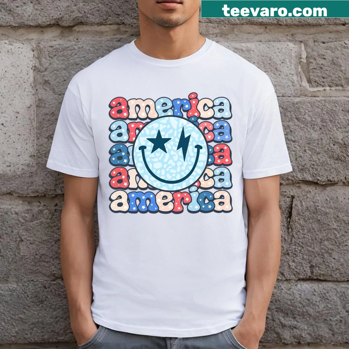 Groovy smiley graphic on a patriotic T-shirt — on a men's t-shirt