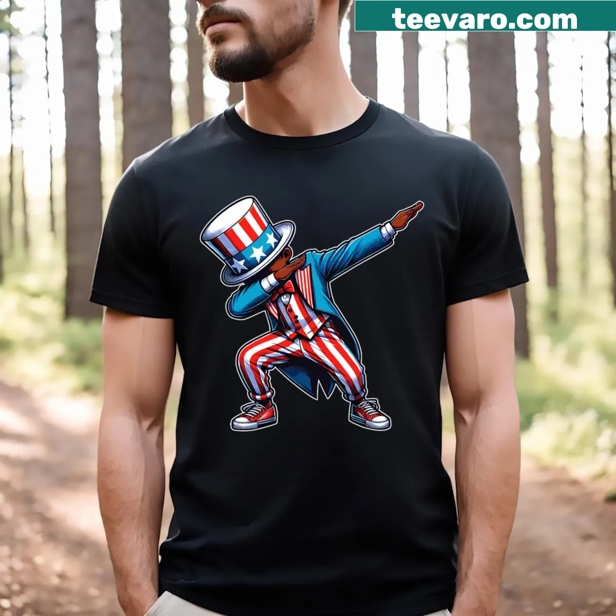 Dabbing boy graphic on a kids' Fourth of July T-shirt — on a men's t-shirt