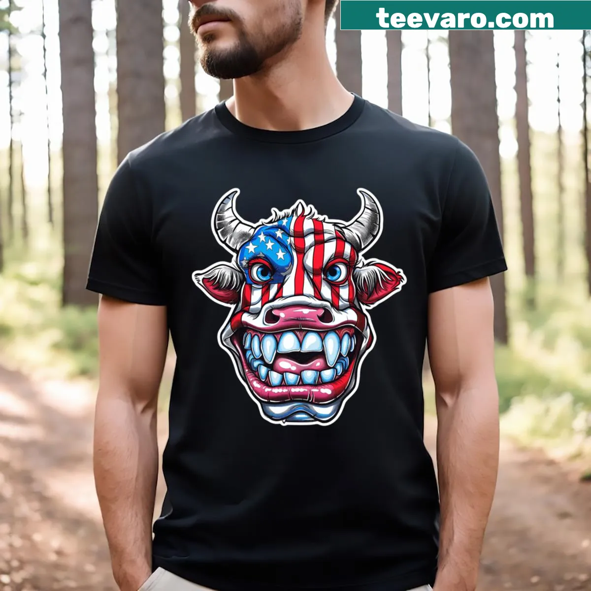Funny American cow graphic t-shirt for farmcore fans — on a men's t-shirt